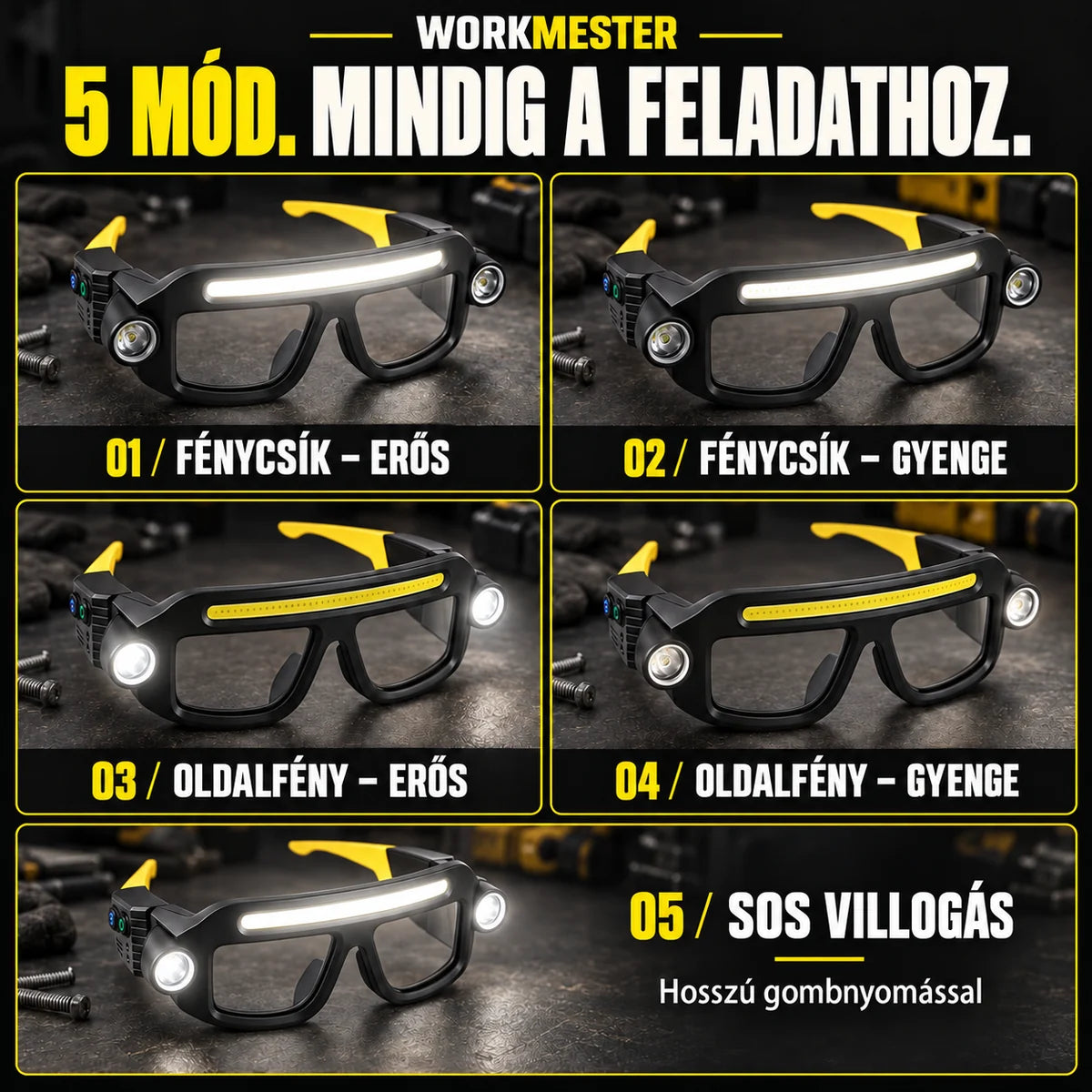 Az öt világítási mód magyarul: LED-csík erős és gyenge, oldalfény erős és gyenge, SOS villogás