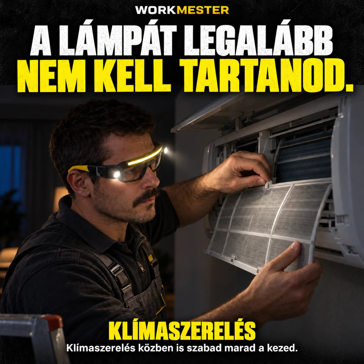 Férfi klímaszerelő az egység szűrőjén dolgozik WorkMester szemüvegben