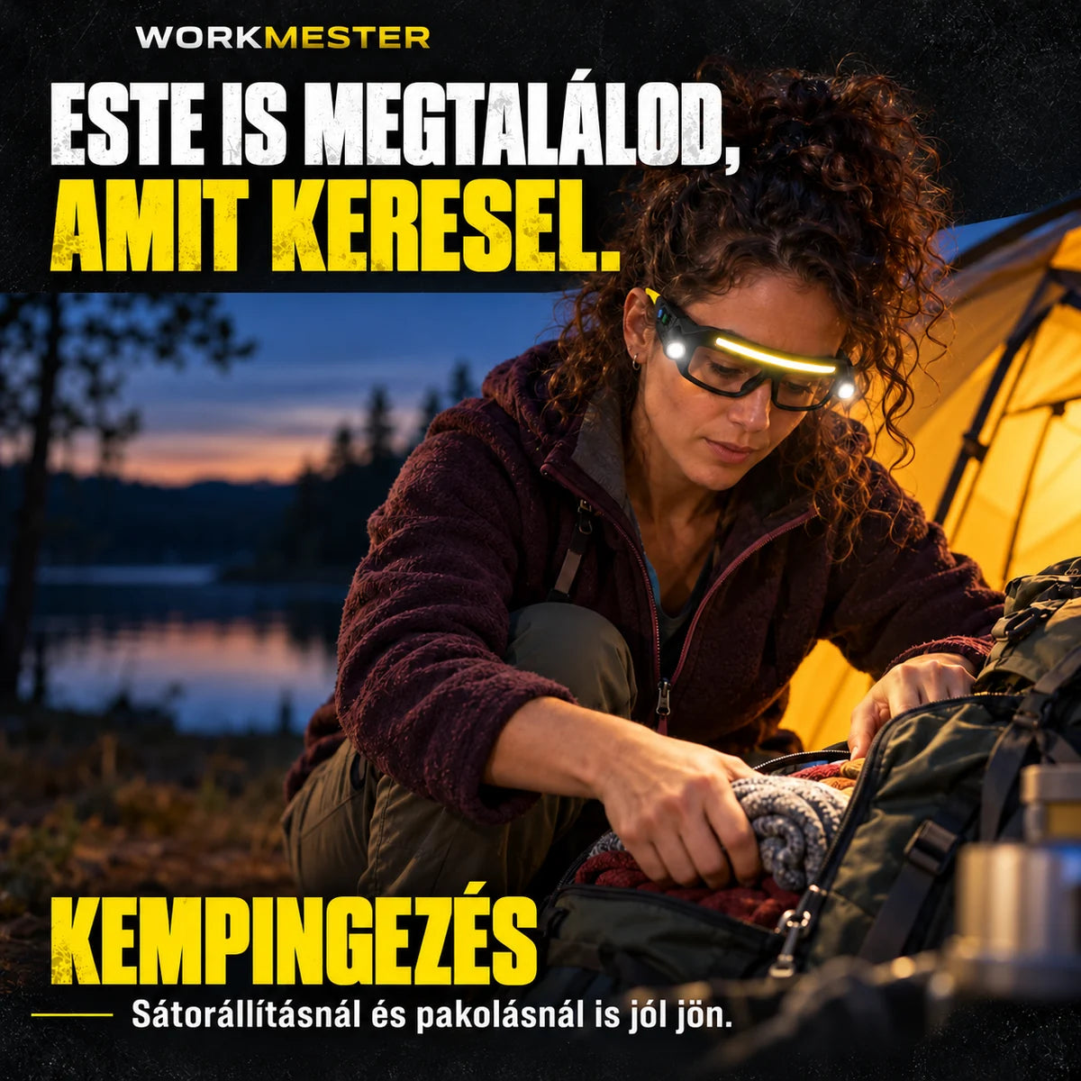 Kempingező a sötét táborhelyen felszerelést keres LED-szemüvegben