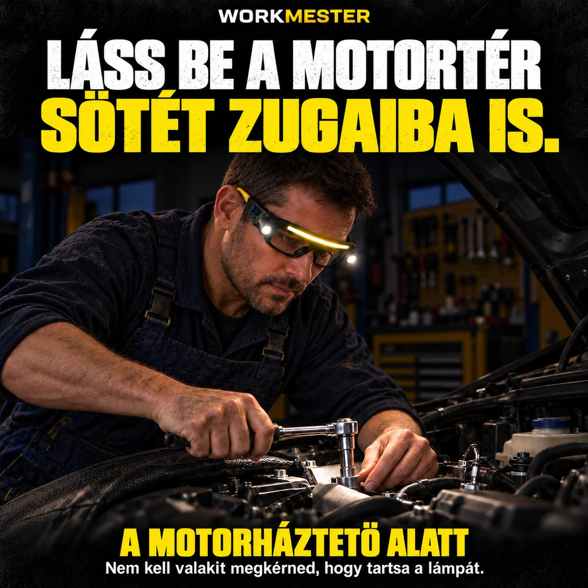 Férfi szerelő LED-szemüvegben, sötét műhelyben dolgozik a motortérben