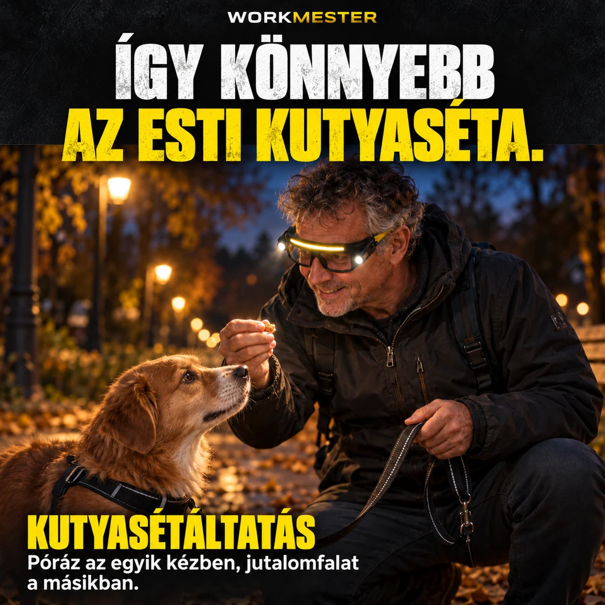 Férfi kutyasétáltatás közben jutalomfalatot ad a kutyának, LED-szemüveget viselve