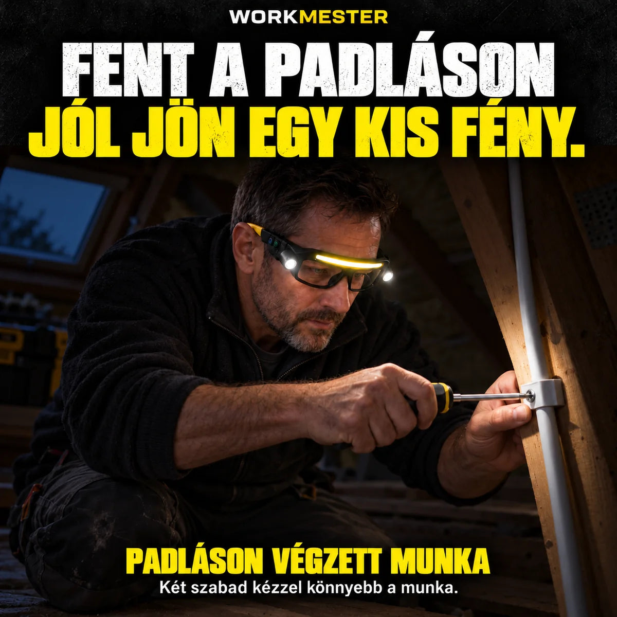 Férfi szerelő egy padláson csavarhúzót használ, a szemüveg megvilágítja a munkáját