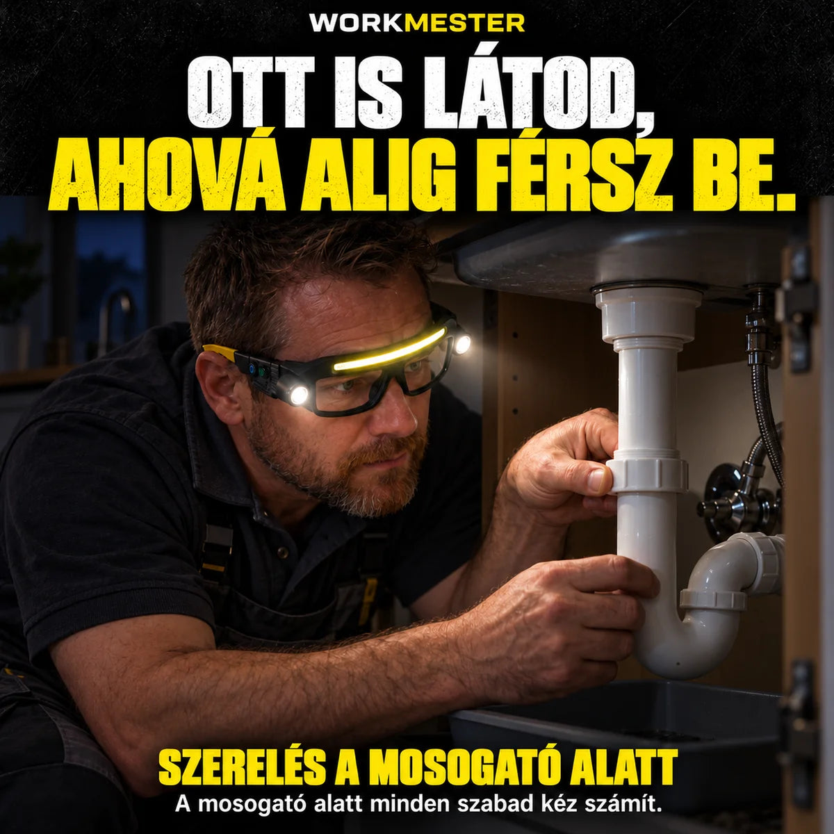 Férfi a mosogató alatti csőcsatlakozást igazítja WorkMester szemüvegben